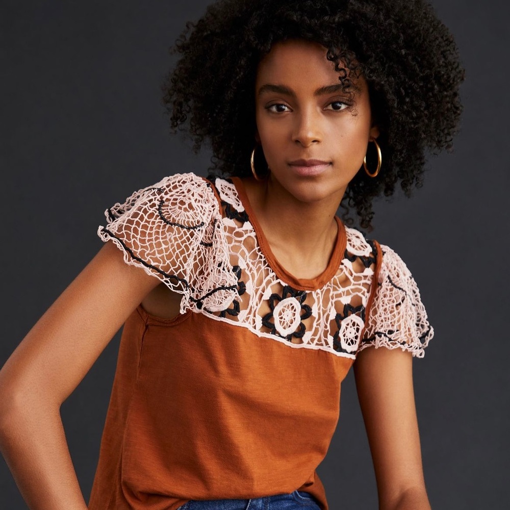 Women's Rust Brown Tee with Cream Crochet Yoke